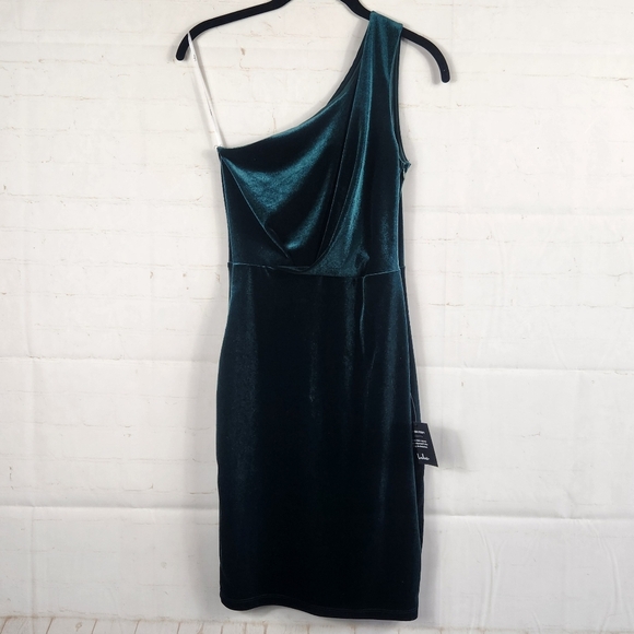 Lulus Velvet Bodycon One Shoulder Dress Cocktail Holiday Wedding Forest Green XS - Picture 4 of 14
